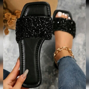 Women's Flat Sandals In Large Sizes, Summer Beach Slippers With Rhinestone Decor